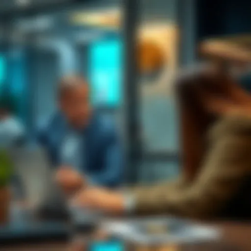 A professional with a laptop guiding a person on crypto investments in a modern office setting