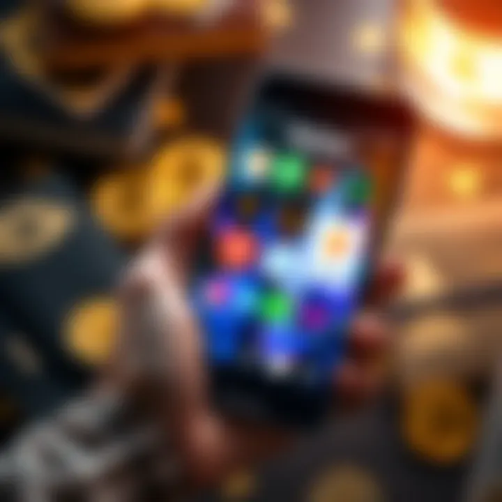 A hand holding a smartphone displaying various cryptocurrency apps with a wallet and coins in the background