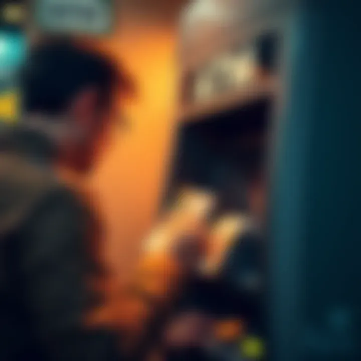 A person withdrawing cash from a cryptocurrency ATM in Europe, surrounded by Euro banknotes and coins.