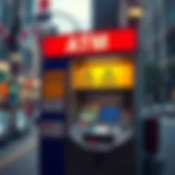 A cryptocurrency ATM displaying warning signs about fraud concerns, set against an urban backdrop