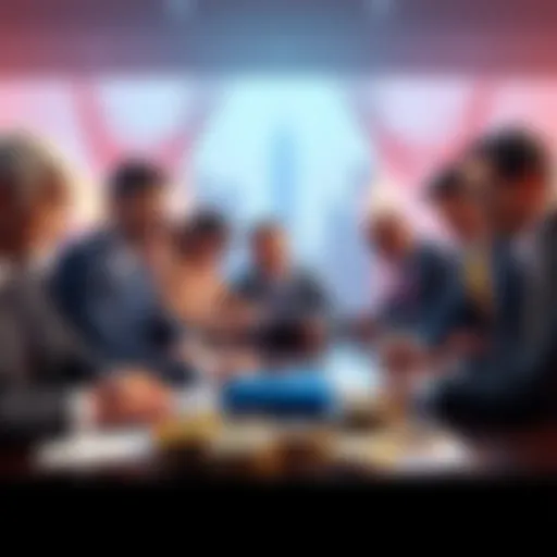 A group of diverse banking representatives discussing a stablecoin agreement with documents and digital currencies on the table