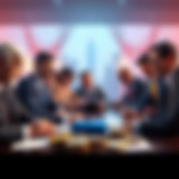 A group of diverse banking representatives discussing a stablecoin agreement with documents and digital currencies on the table