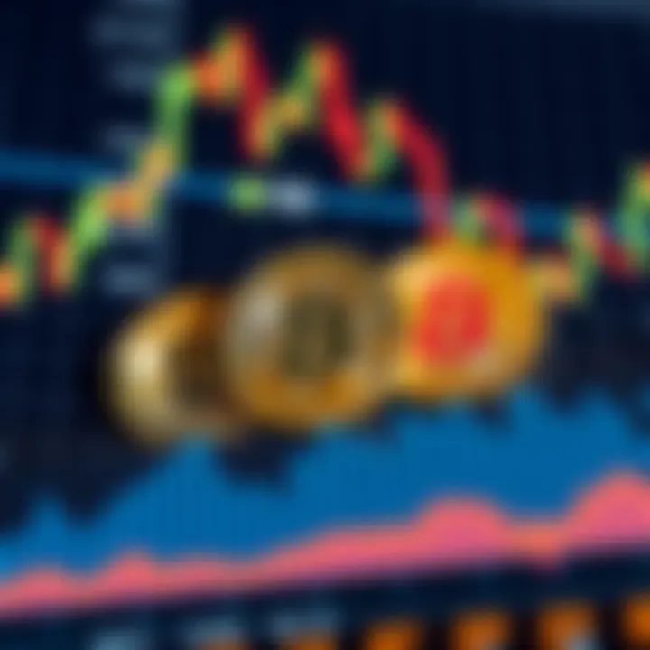 Three cryptocurrency coins depicted in front of a bear market chart, symbolizing potential growth in tough times.