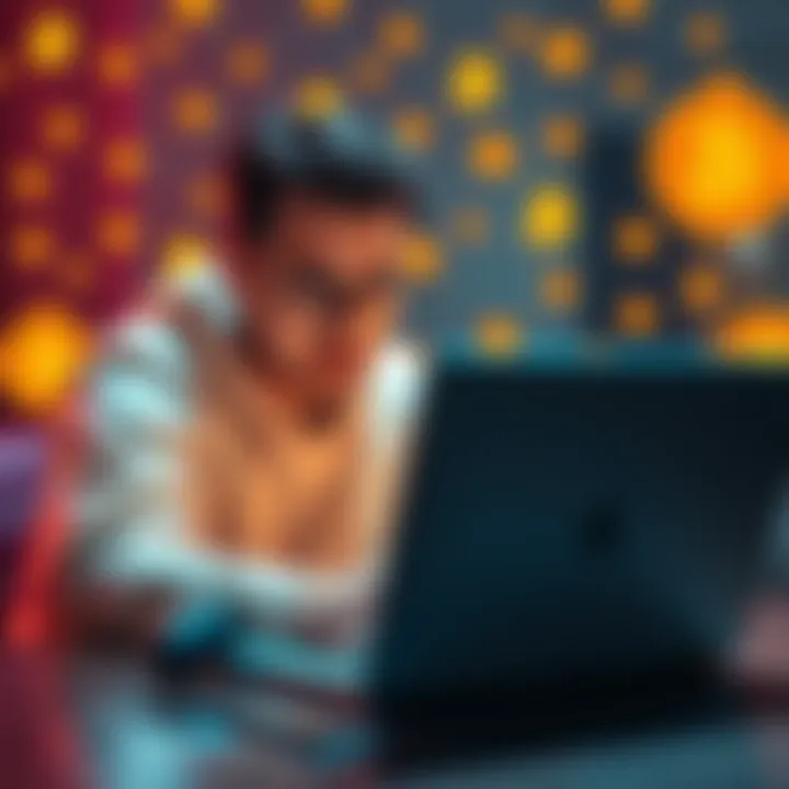 A person starting their crypto journey with a laptop and cryptocurrency symbols around them