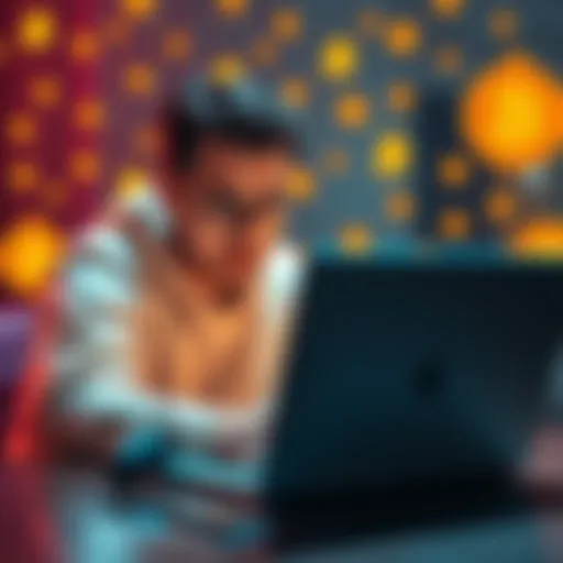 Crypto Beginner Tips A person starting their crypto journey with a laptop and cryptocurrency symbols around them