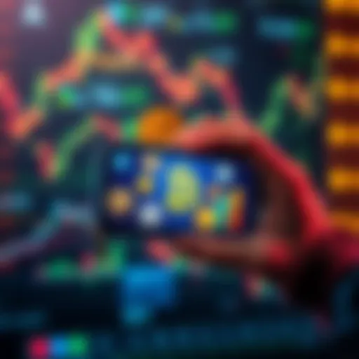 A person holding a digital wallet displaying cryptocurrency symbols with traditional assets like coins and stocks in the background.