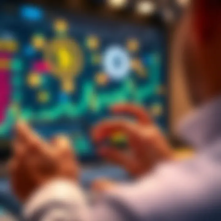 A person placing a bet on Ethereum price movements using a smartphone, with crypto icons in the background.