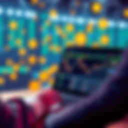 A person using a laptop to place a bet on a crypto bookmaker website with digital currency symbols in the background.