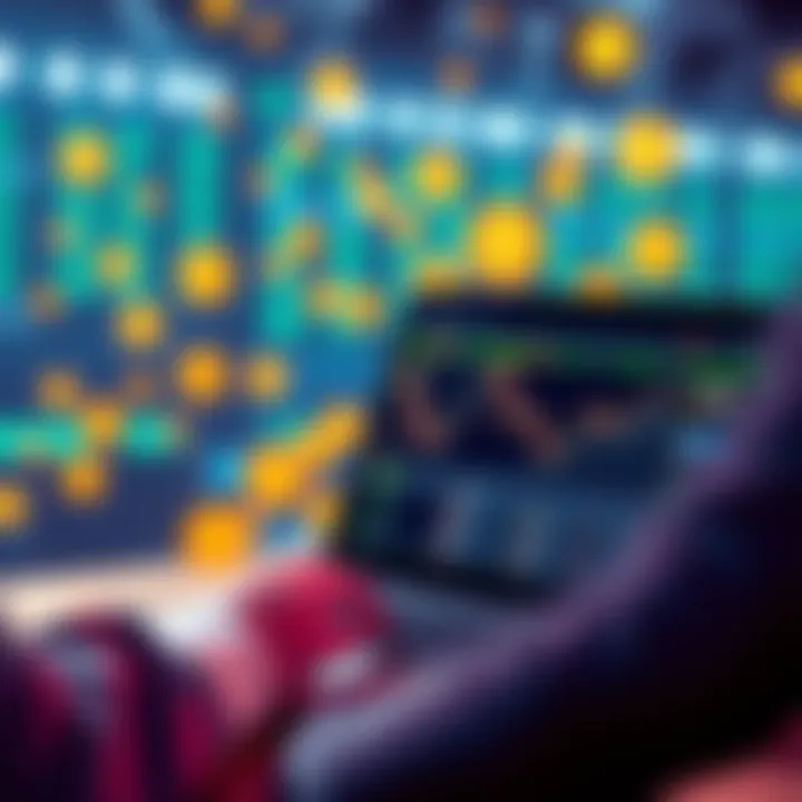 A person using a laptop to place a bet on a crypto bookmaker website with digital currency symbols in the background.