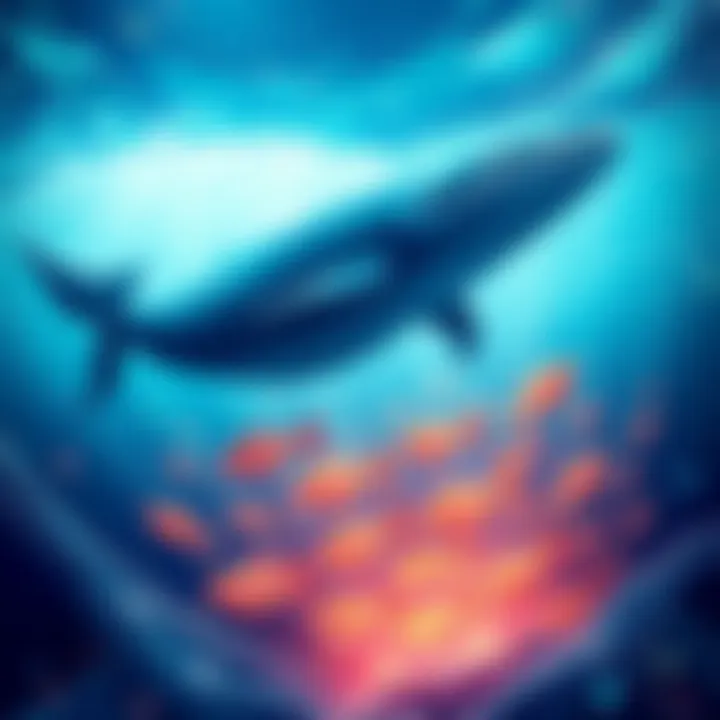 A visual showing a large whale overshadowing smaller fish in a digital ocean, symbolizing the dominance of large accounts over average bidders in cryptocurrency.