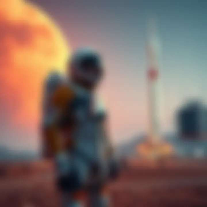A crypto billionaire in a space suit stands next to a SpaceX rocket preparing for the first Mars mission.