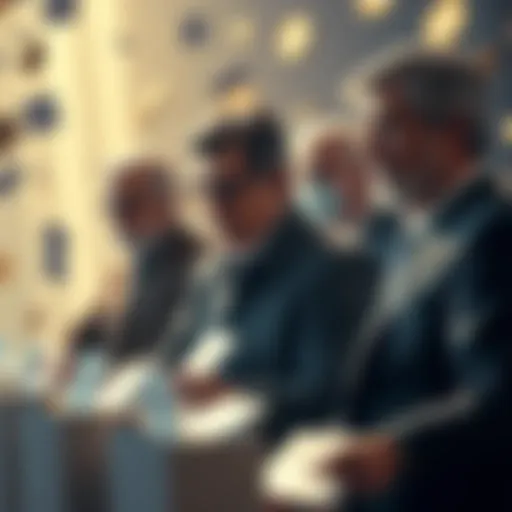 A group of wealthy individuals discussing politics while surrounded by cryptocurrency symbols and voting ballots.