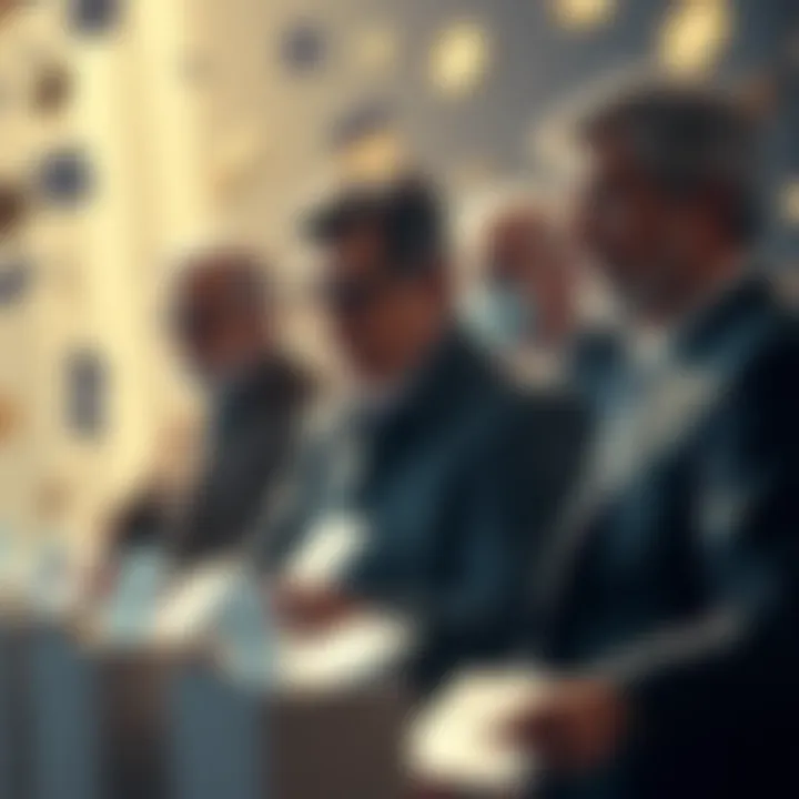 A group of wealthy individuals discussing politics while surrounded by cryptocurrency symbols and voting ballots.