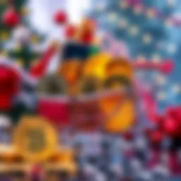 Crypto Coins for Black Friday A collection of popular cryptocurrency tokens with a shopping cart and holiday decorations in the background