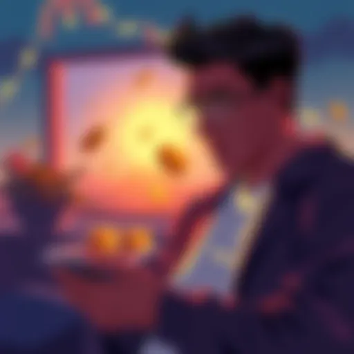 A person examining crypto assets with a calculator and coins, showcasing the concept of borrowing against cryptocurrency for liquidity.