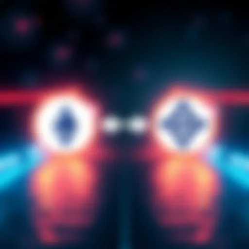 A graphic showing a digital bridge connecting Ethereum and Solana logos with arrows indicating asset transfer and low fees.