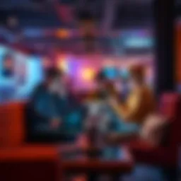 A group of young adults discussing cryptocurrency trends over laptops and phones in a modern café.