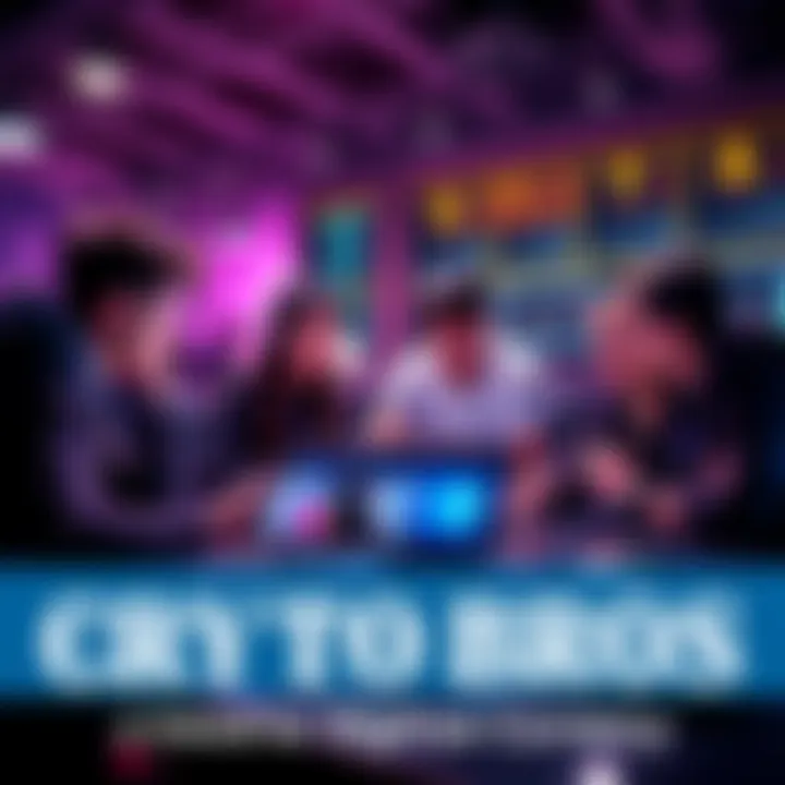 Group of crypto enthusiasts discussing investments A group of young people sharing ideas about cryptocurrency investments with laptops and charts around them