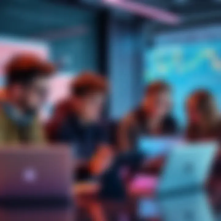 Group of young people discussing cryptocurrency trends with laptops and charts in a modern setting