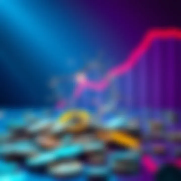 Visual of a broken cryptocurrency bubble with coins scattered around. The image shows a downward trend in the background, representing financial loss.