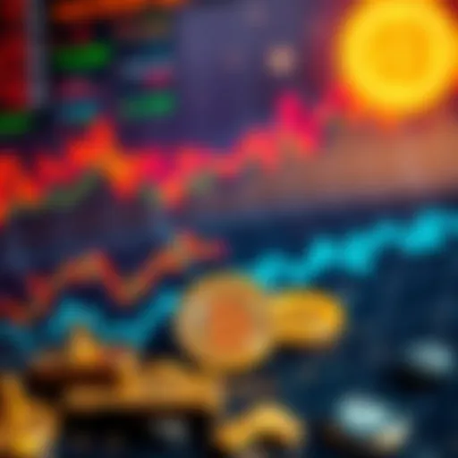 Graph showing a downward trend in cryptocurrency prices with Bitcoin in the foreground and rising stocks and gold in the background