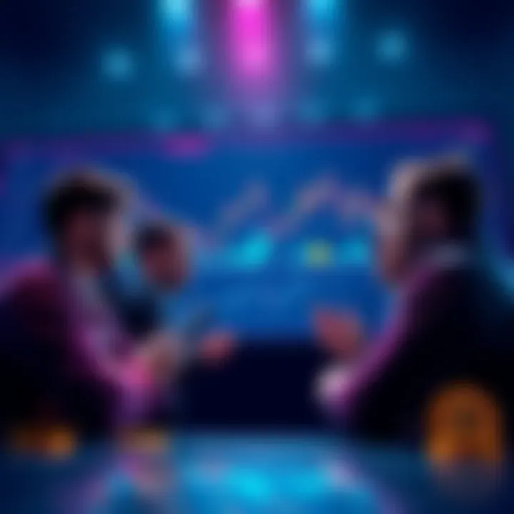Crypto Bull Posters in 2026 A group of people discussing cryptocurrency trends and sharing investment ideas, with charts and digital currency symbols in the background.