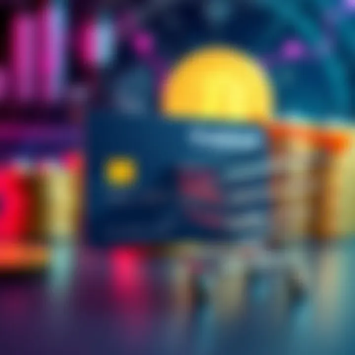 A modern crypto card displaying cashback rewards, set against a backdrop of digital coins and a shopping cart, symbolizing easy spending and rewards.