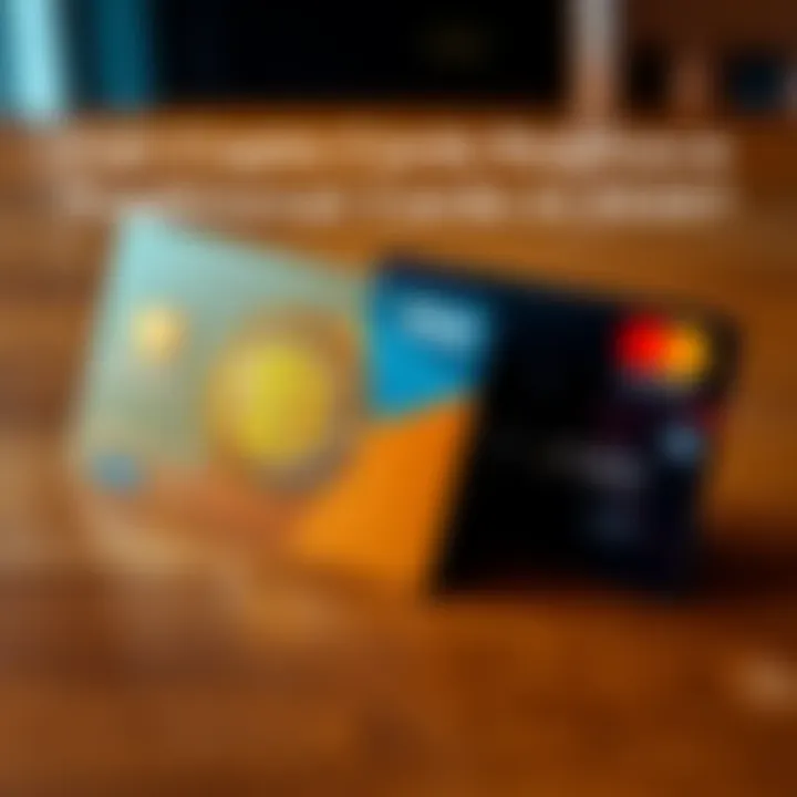 A side-by-side view of a cryptocurrency card and a traditional bank card on a wooden table, highlighting their differences