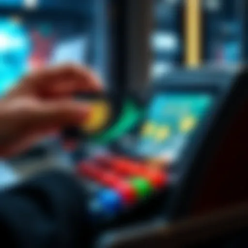 A person using a cryptocurrency card at a payment terminal, showing digital coins on the screen, highlighting the connection between crypto cards and custody issues.