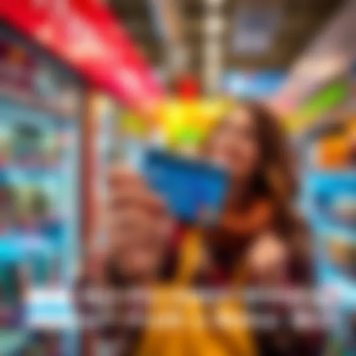 A person holding a crypto card while shopping in a store, looking satisfied and relaxed