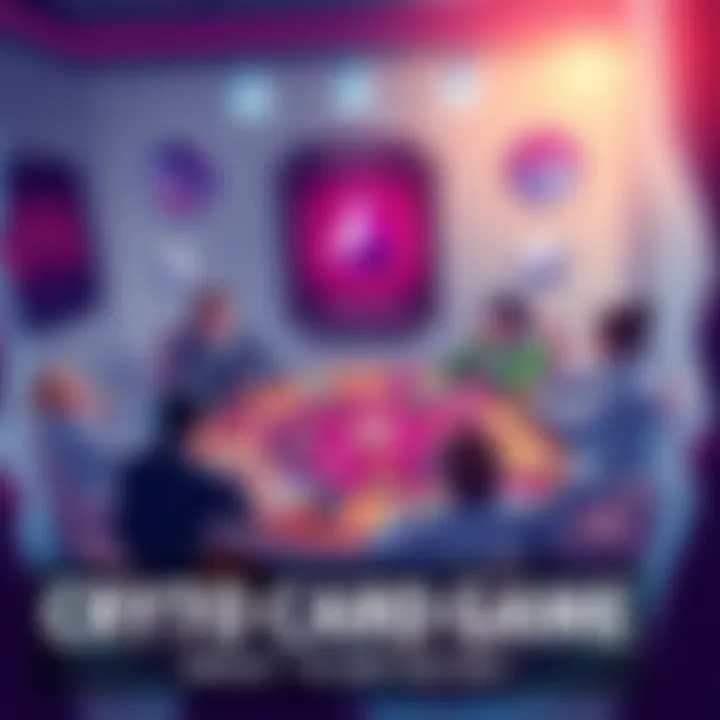 Crypto Card Game Concept An illustration of a strategy card game featuring crypto themes with players engaging around a table, showing cards depicting various cryptocurrencies and market events.