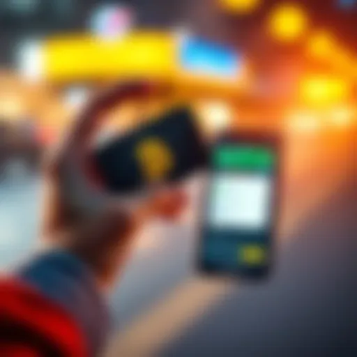 A hand holding a crypto card next to a smartphone displaying a mobile payment app.