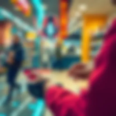 A person using a cryptocurrency card to make a purchase at a store, with a digital display showing transaction approval on the screen.
