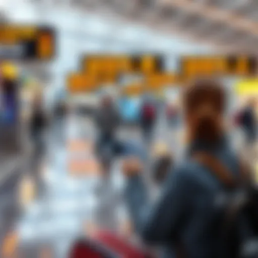 A traveler using a crypto card at an international airport, surrounded by currency exchange signs and travel essentials