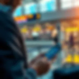 A person using a crypto card at an airport terminal while checking flight details on a phone