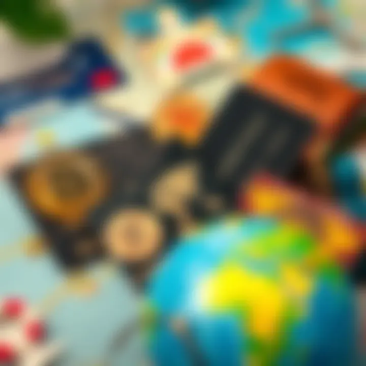 A variety of crypto cards displayed with travel essentials like a passport and globe