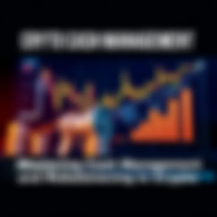 Crypto Cash Management A graphic showing cash flows and portfolio rebalancing in cryptocurrency. It features charts and graphs to illustrate strategies for managing funds.