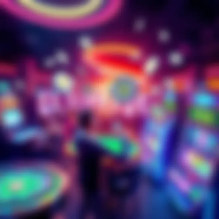 A vibrant scene showing people enjoying various casino games like slots and poker with digital currency symbols around them.