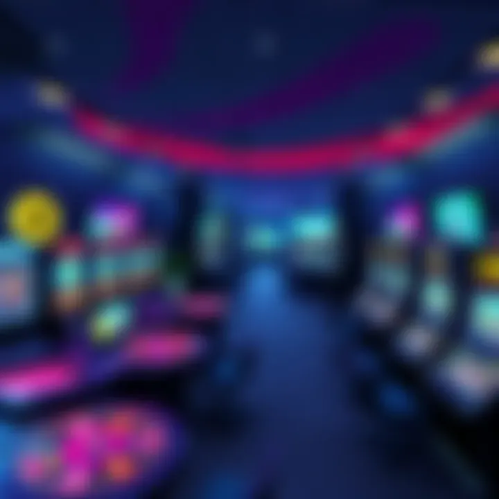 An overview of a virtual casino with cryptocurrency symbols like Bitcoin and Ethereum, highlighting game tables and slot machines.