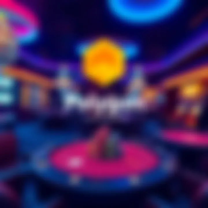 A digital illustration of a crypto casino showing the Polygon logo and gaming tables with chips and cards