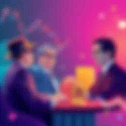 Illustration showing crypto CEOs discussing regulations while stablecoins and Bitcoin are represented around them, symbolizing the shift in banking power dynamics.