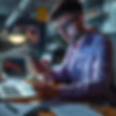 A person intently looking at cryptocurrency market charts on their smartphone, surrounded by a cluttered desk with notes and a laptop.