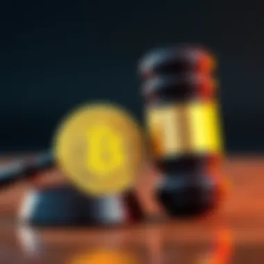 A gavel next to a cryptocurrency coin, symbolizing legal challenges and regulatory uncertainty in crypto legislation.