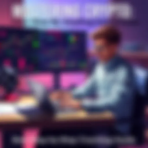 A person sitting at a desk with a laptop, studying cryptocurrency charts and notes, showing determination to learn about crypto trading and investments.