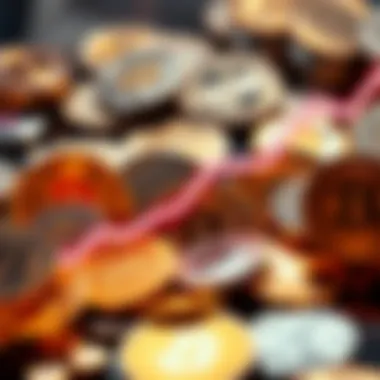 A graphic showing various cryptocurrency coins with a downward trend line, symbolizing falling prices and investment opportunities.