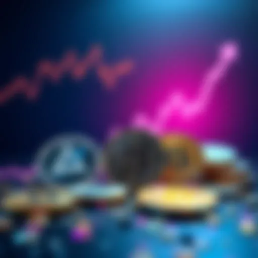 A visual representation of various cryptocurrencies such as AVAE, ADA, and MKR with a rising graph in the background, symbolizing their investment potential.