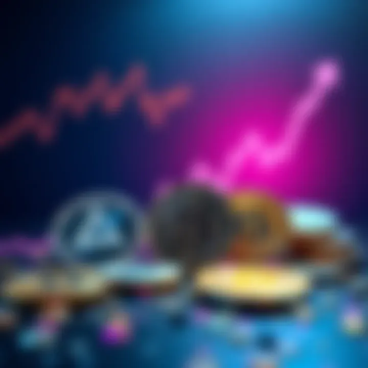 A visual representation of various cryptocurrencies such as AVAE, ADA, and MKR with a rising graph in the background, symbolizing their investment potential.
