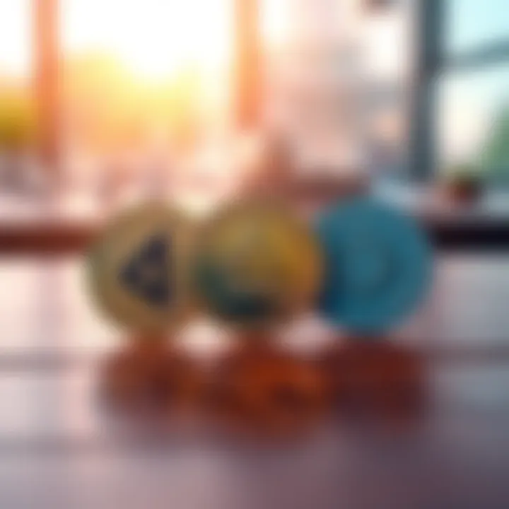 Arbitrum, Eigenlayer, and Celestia coins arranged on a wooden table with a bright background