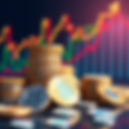 Various cryptocurrency coins stacked with a graph showing upward trends in the background