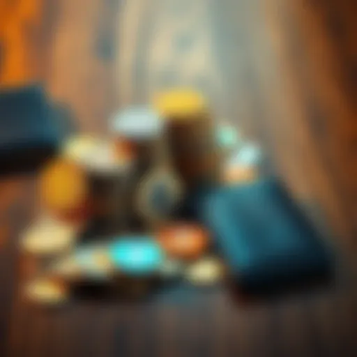 A pile of various cryptocurrencies next to a digital wallet on a wooden table, symbolizing investment and holding strategy.